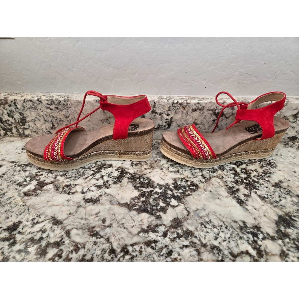 Refresh Red Boho Beaded Espadrille Wedge Sandals Ankle Tie Tassel 40 EU 9.5 US - Picture 11 of 13